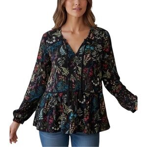 T Tahari Black Long Sleeve Floral Blouse with front ties and Tassels S